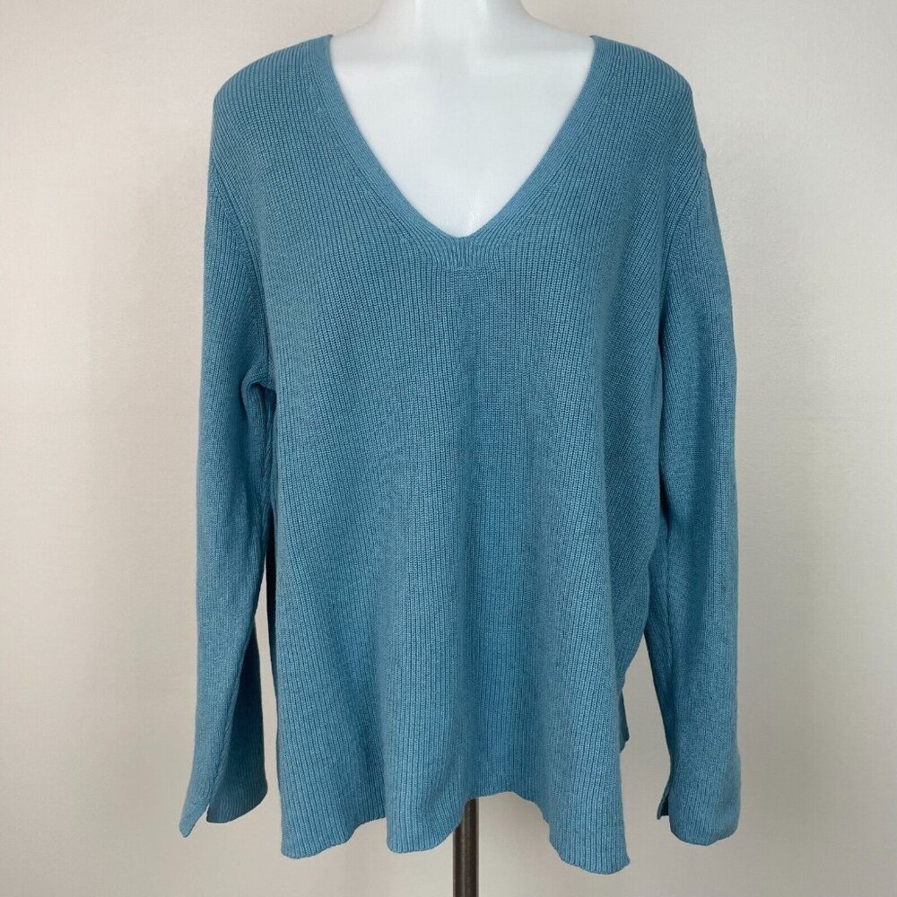 J. Jill Sweater XL Petite Blue V-Neck Long Sleeve Pullover XLP Cotton Blend
